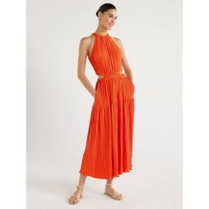 Scoop Pleated Plisse Halter Maxi Dress with Cutouts,
